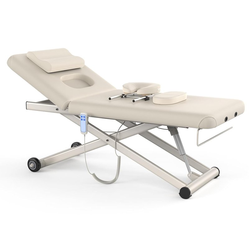 Skiennix Heavy Duty Electric Massage Table - Adjustable 2 Motor Lift & Backrest | 31.2" Wide x 75" Long, Beige Gray