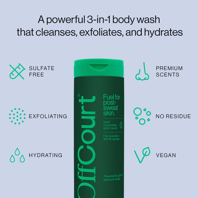 OffCourt Sulfate-Free Body Wash for Men & Women - Non-Drying Exfoliator with Glycolic & Lactic Acids Leaves Skin Fresh & Smooth with Fig Leaves and White Musk Scent, 14 Fl. Oz (Pack of 1)