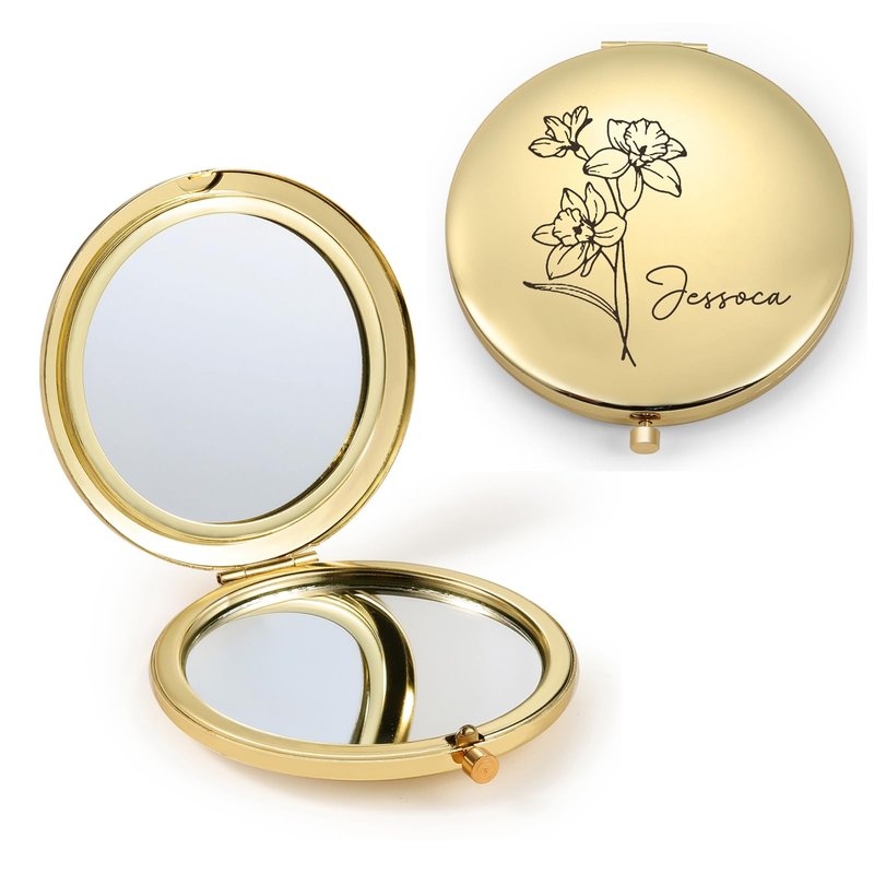 Rayiant Personalized Name Pocket Mirror with Birth Flower, Makeup Mirror for Travel, Ultra Thin Compact Vanity, Portable for Handbag, Purse, Travel Essential (A- Gold)