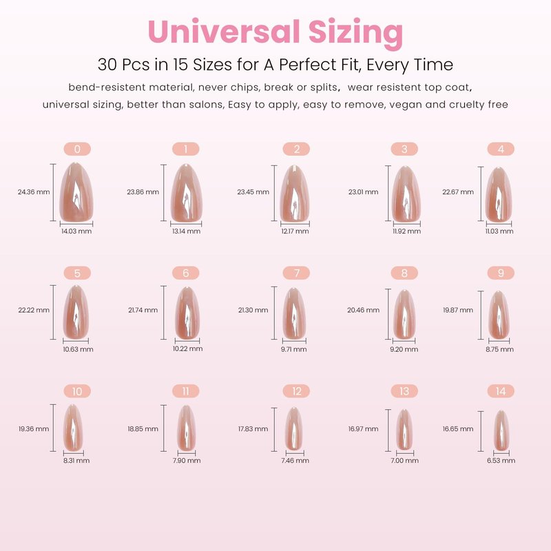 Nail Reformation Press On Nails Almond, Rose Gold Fake Nails Medium, Glazed Finish Fit Perfectly & Natural Reusable Stick On Ombre False Nails, 15 Sizes – 30 Nail Tips With Glue, Gifts for Women