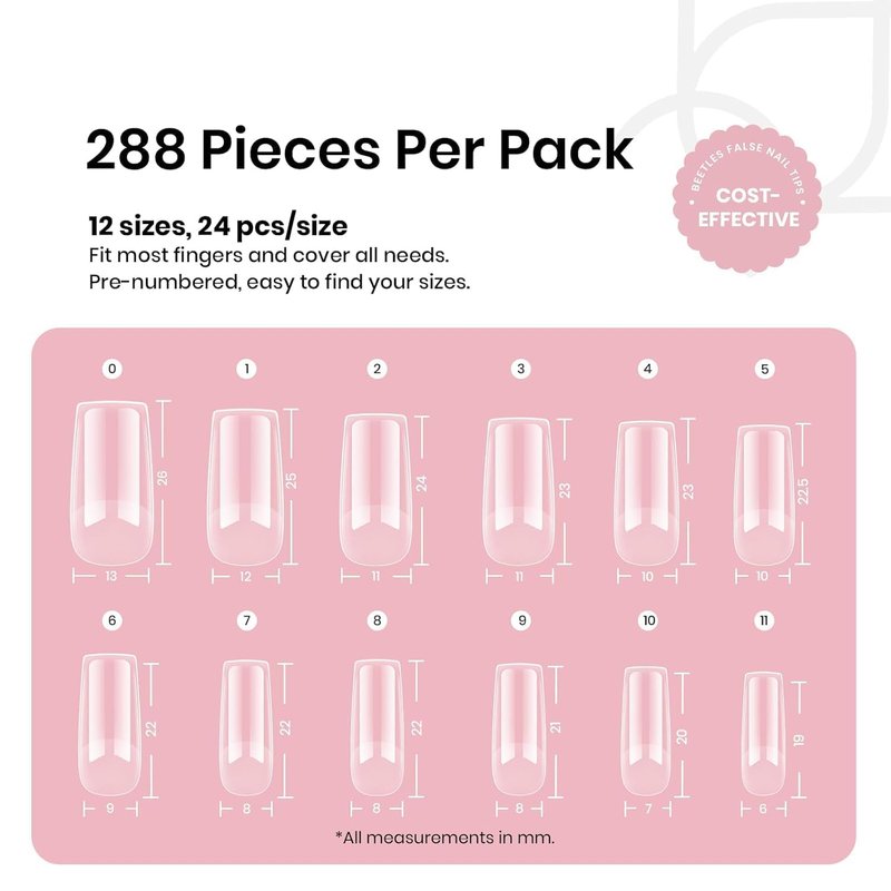 Beetles Gel Nail Tips Etch-X, Square Medium, 288Pcs 12 Sizes, Pre-Etched Half Matte Soft Acrylic False Nail Tips Full Cover Easy DIY Fake Press On Nail Extension Salon Gift for Women