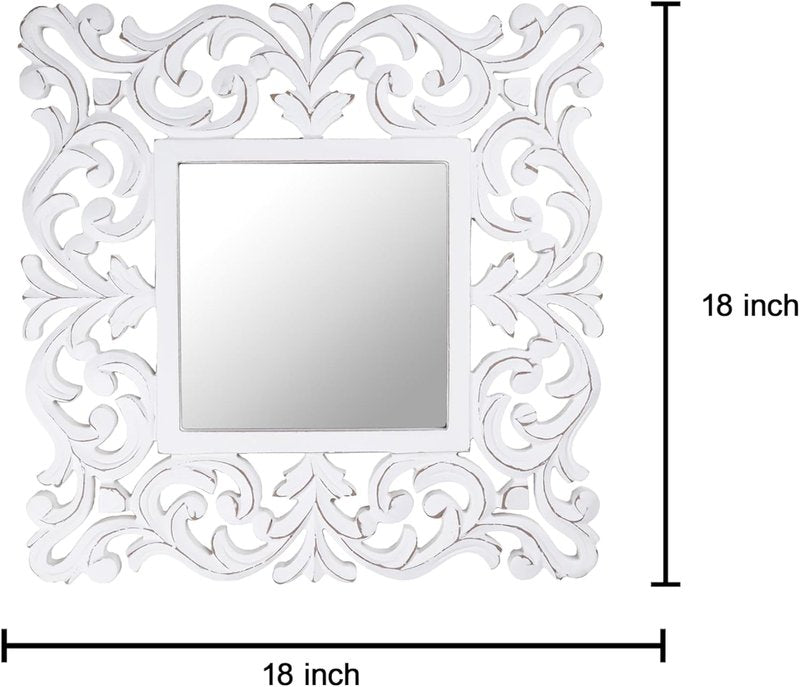 Hand Carved Farmhouse Wall Mirror - 18-Inch Square Rustic White Wooden Frame | Decorative Mirror for Bathroom, Living Room & Bedroom