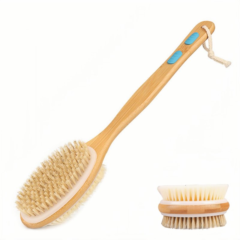 Back Scrubber for Shower, Bath Brush with Long Handle, Double-Sided Bamboo Body Brush for Wet or Dry Brushing, Exfoliating Bath Brush with Firm & Soft Bristles for Men & Women, 17.3 Inch