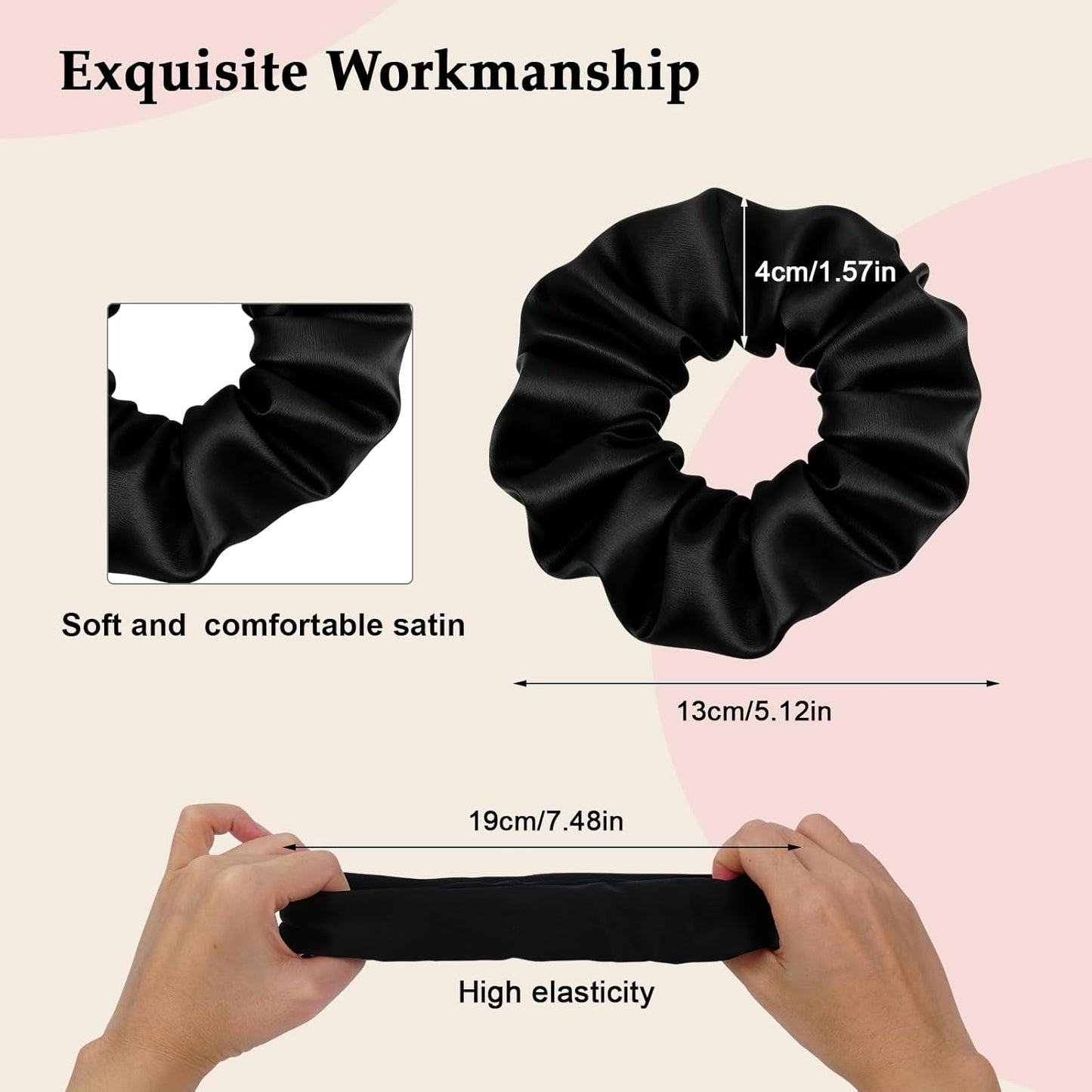 Skiennix Satin Scrunchies - 8PCS Black Silk Hair Ties | No Crease, Frizz-Free, Gentle Elastic Bands