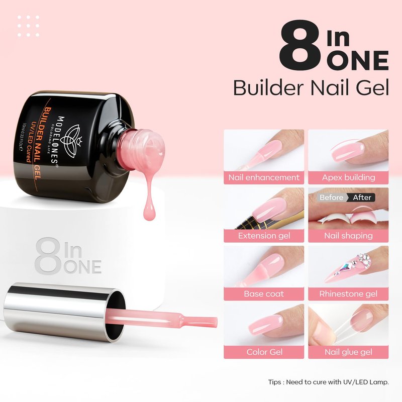 modelones Base Coat Builder Nail Gel, 2 Pcs Clear and Rose Nude Pink Builder Nail Polish for Thickening Apex Building 8-in-One Rubber Color Base Polish Extend Gel LED Lamp Cured 10 ml DIY Salon