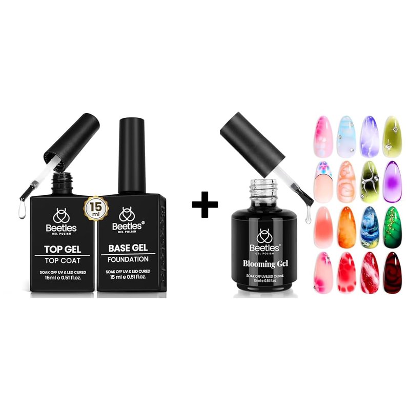 Beetles Gel Top & Base Coat Set - No Wipe Formula with 15ml Blooming Gel | Clear UV LED Polish