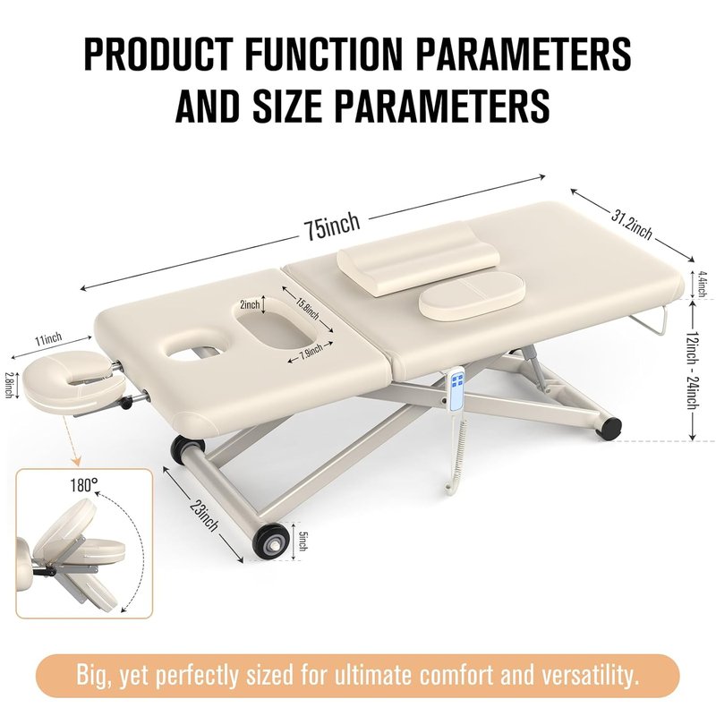 Skiennix Heavy Duty Electric Massage Table - Adjustable 2 Motor Lift & Backrest | 31.2" Wide x 75" Long, Beige Gray
