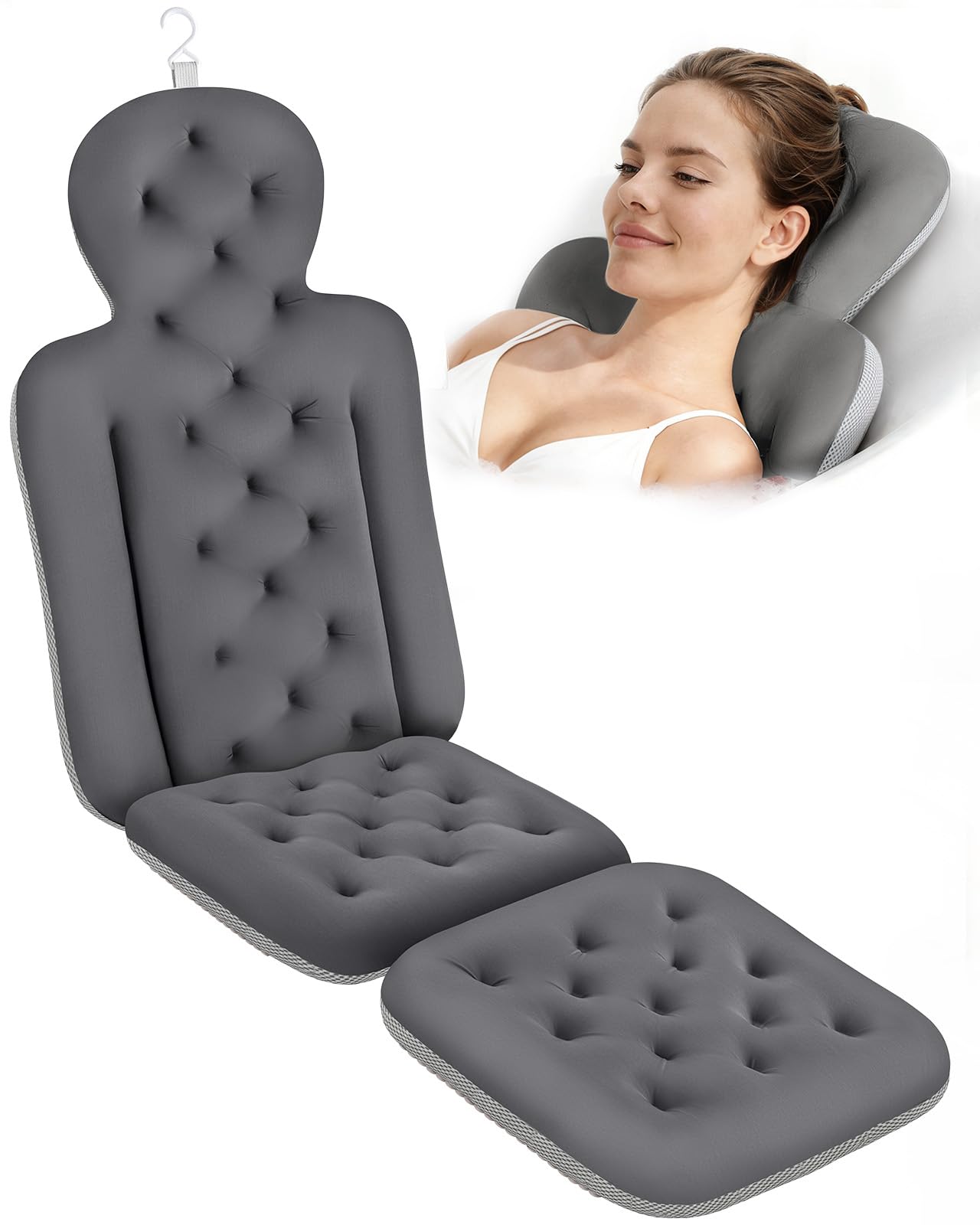 Bath Cushion, Full Body Bathtub Pillow with 160 Suction Cups, Bath Mat for Head and Neck Support, with Laundry Bag (Dark Gray, 56" x 16")