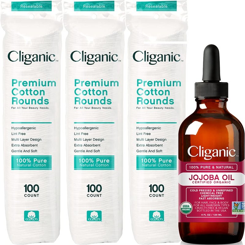 Cliganic Cotton Rounds - Eco-Friendly Makeup Remover Pads & Jojoba Oil Set | 100% Natural