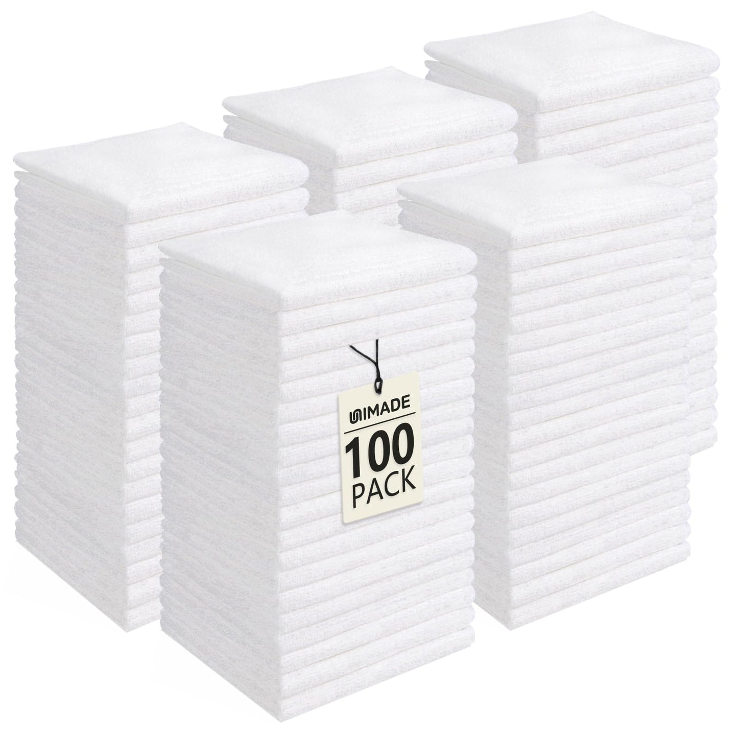 UNIMADE Washcloths Bulk - 100 Pack - Face Towels (12" x 12"), Highly Soft Wash Cloths and Hand Towels, Fast Drying Multi-Purpose Microfiber Cleansing Cloths for Bathroom, Hotel, Spa, and Salon - White