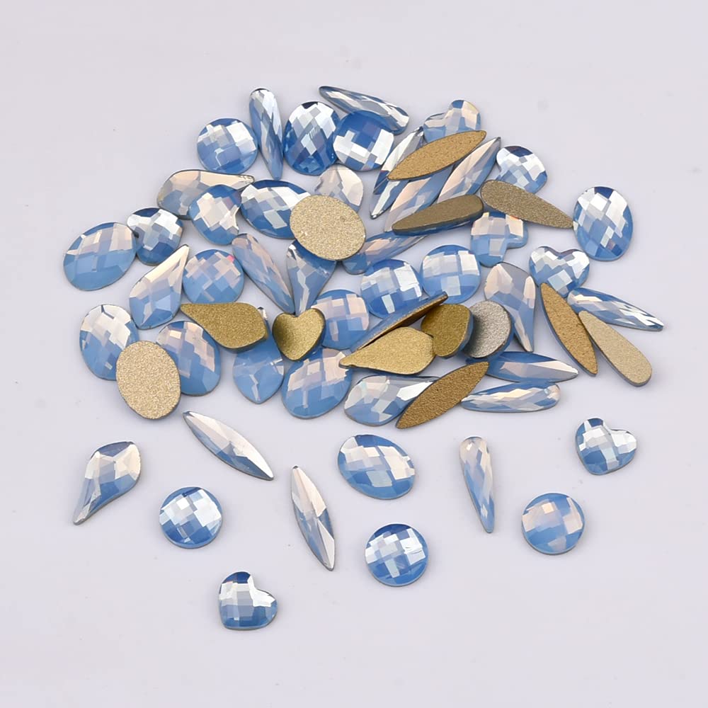 Tisslan 60pcs 6 Different Shapes Flatback Blue Opal Nail Rhinestones 480pcs Round 3D Diamond Gems Bulk Pack for Nail Design Jewels Decoration