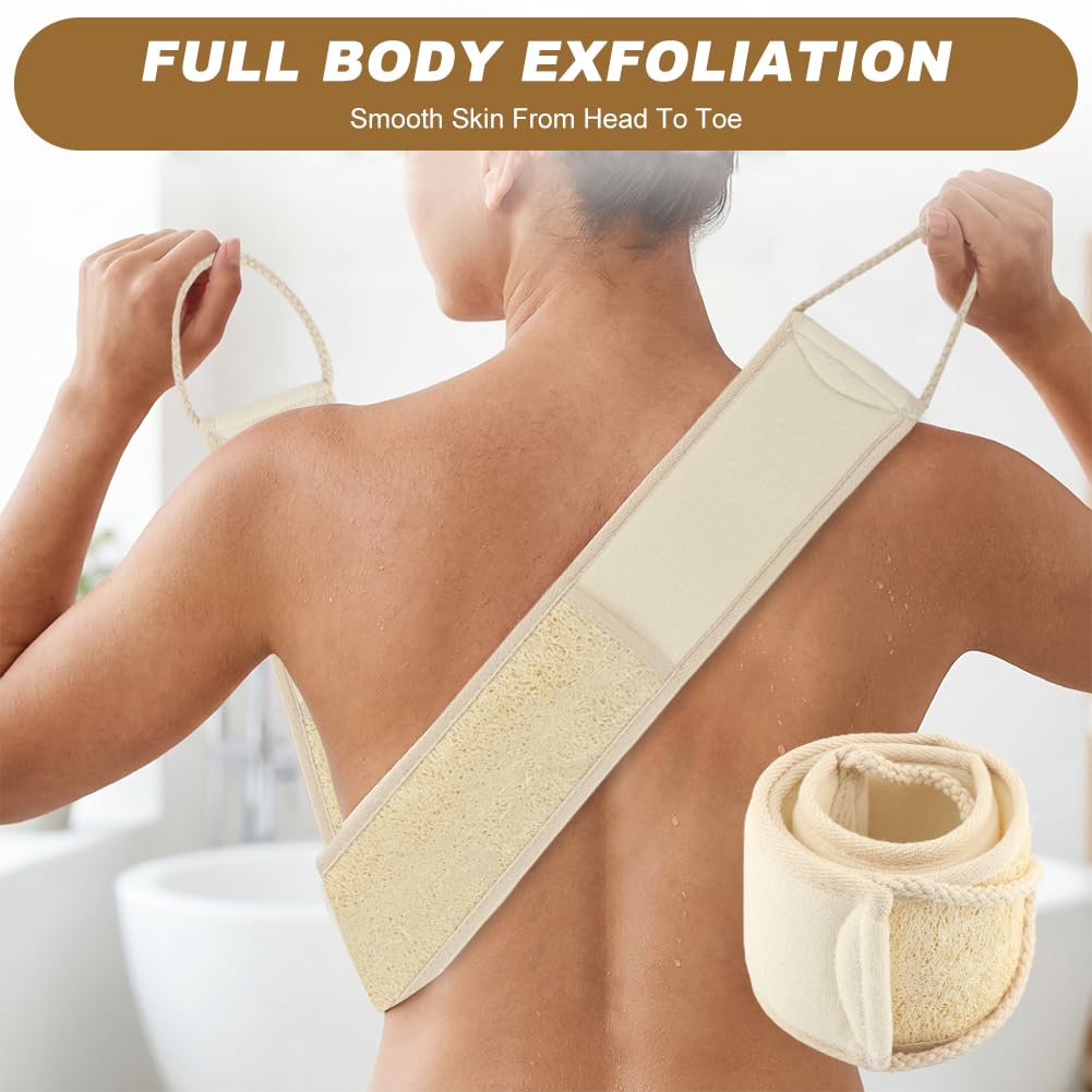 Natural Loofah Shower Back Scrubber Set, luffa Exfoliating Bath Strap, Back exfoliator for Shower, Textured Body Scrubber for Men and Women, with Hooks
