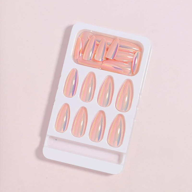 24Pcs Chrome Press-On Nails - Medium Almond Pink Aurora Glossy Full Cover Acrylic Nail Tips for Quick Manicure