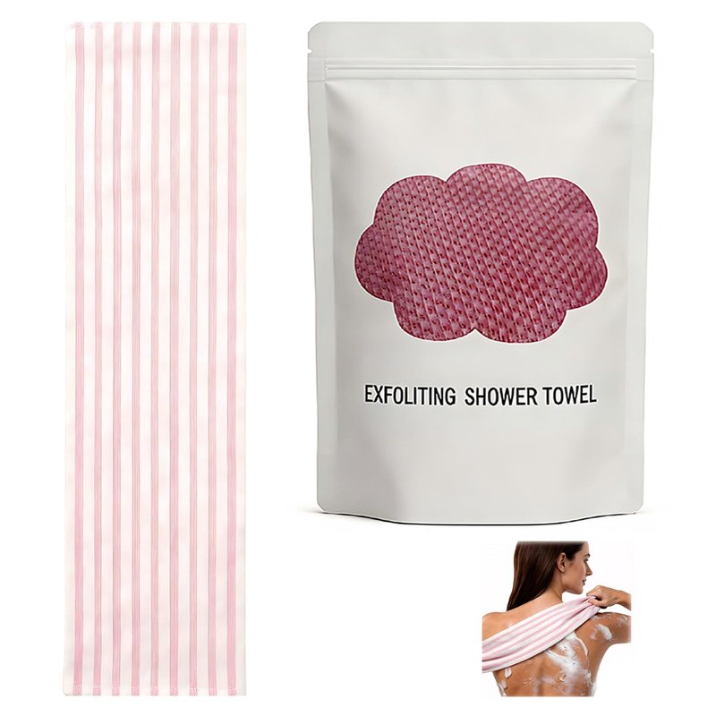 Kopdisp Cotton-Blend Exfoliating Shower Towel, 39 x 10 in Japanese/Korean-Style Back Scrubber for Shower, Dual-Sided Body Scrubber Washcloth, Quick-Dry Bath Towel for Men and Women (Pink)