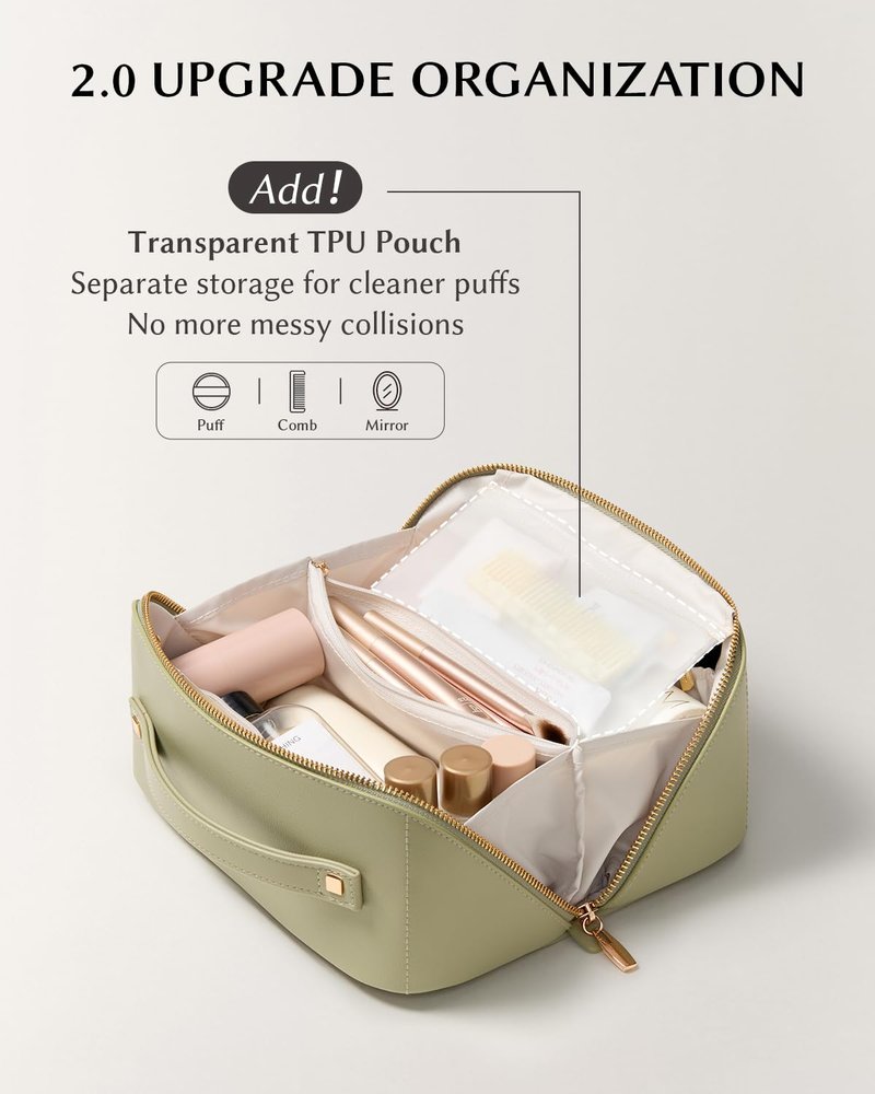 EACHY Travel Makeup Bag, 2.0 Cosmetic Bag for Women, Waterproof PU Leather,Flat Open Portable Toiletry Bag for Skincare, Brushes & Travel Essentials
