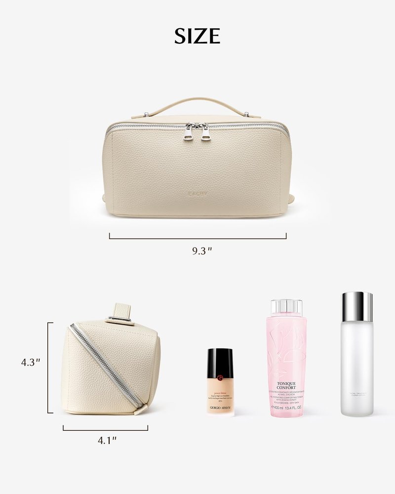 EACHY Travel Makeup Bag, Lychee Leather Large Capacity Cosmetic Bag for Women, Open Flat Toiletry Bag with TPU Brush Compartment, Waterproof Skincare Organizer Travel Essentials