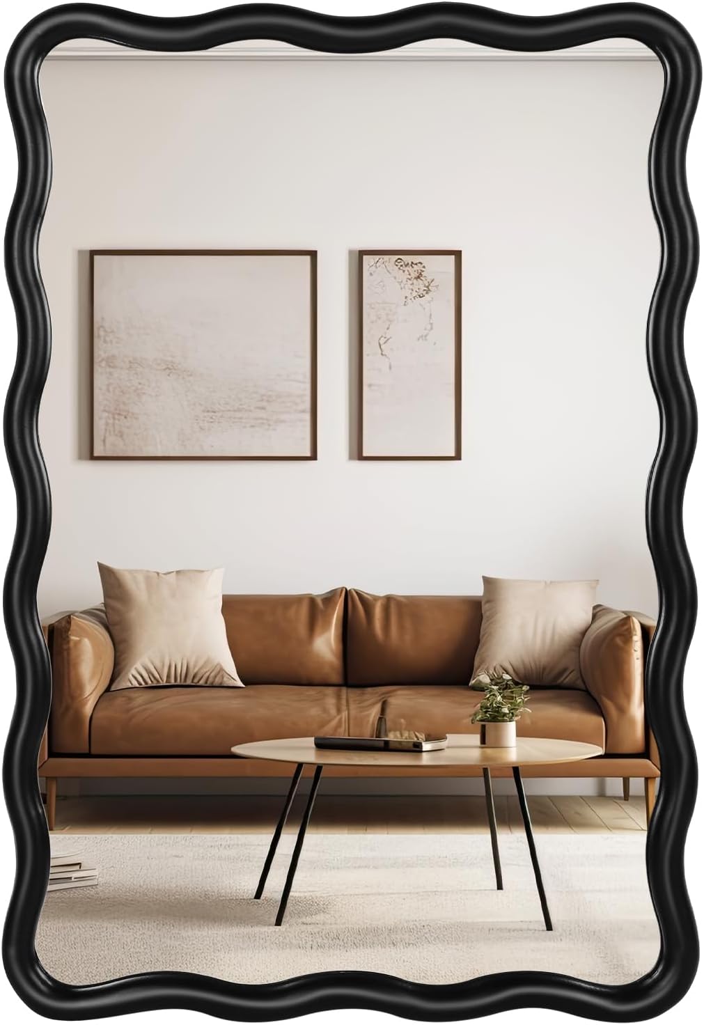 Wavy Rectangular Bathroom Mirror - Scalloped Metal Frame | Modern Black Design for Vanity, Living Room, Entryway