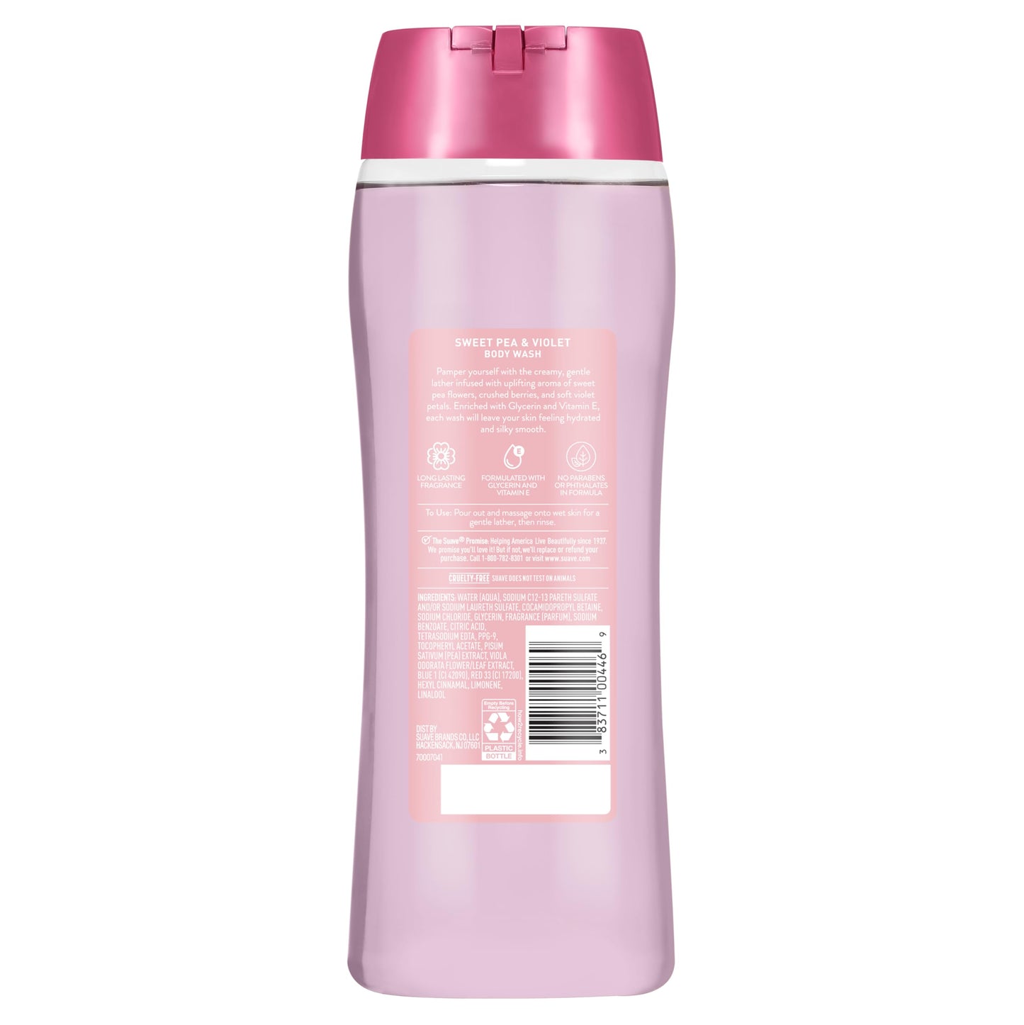 Suave Sweet Pea & Violet Moisturizing Body Wash with Glycerin & Vitamin E, Hydrating Formula For Soft, Smooth Skin, Long Lasting Fragrance, Paraben Free, 18 FL OZ