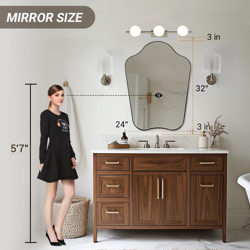 ANDY STAR Brushed Nickel Bathroom Mirror, 24x32 Scalloped Wall Mirror for Vanity, Curved Shaped Mirror for Entryway, Bedroom, Anti-Rust Stainless Steel Frame