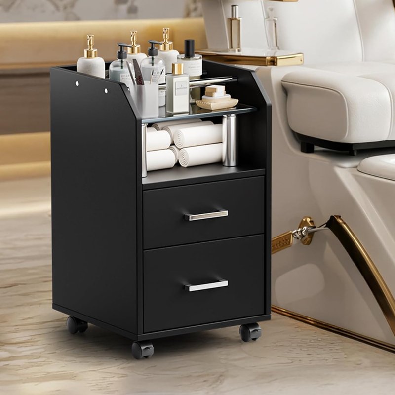 OmySalon Pedicure Cart - Portable Foot Bath Trolley with Storage Drawer & Locking Wheels | Black