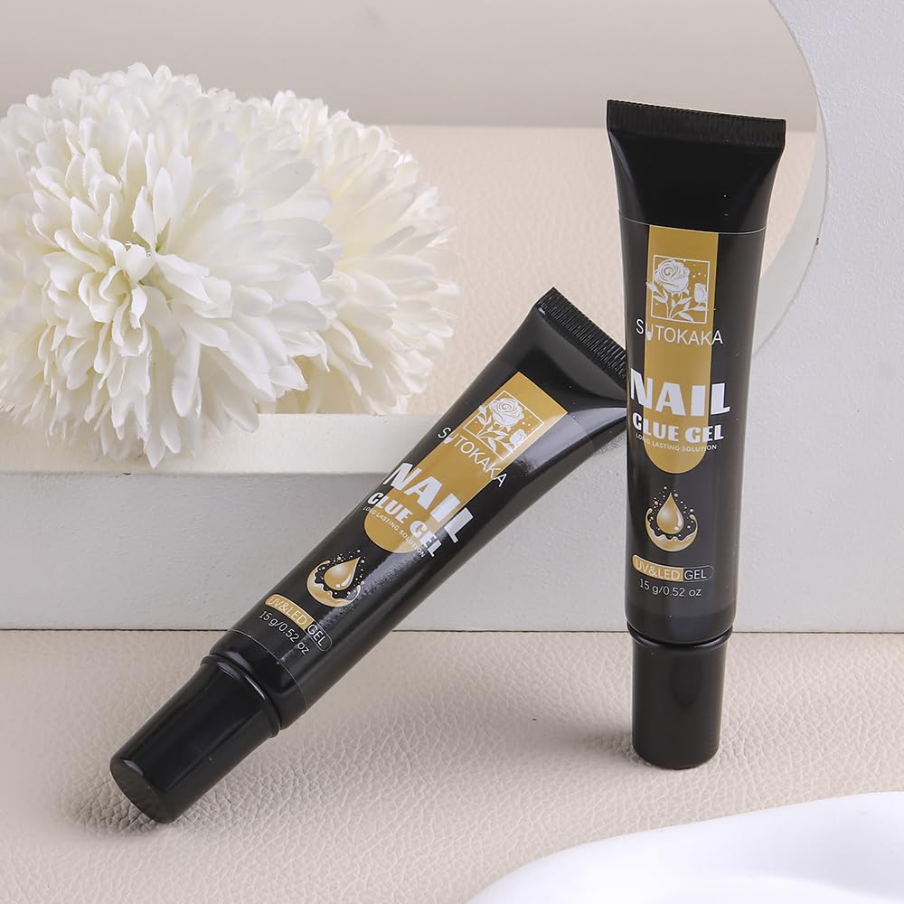 SUTOKAKA Gel Nail Glue for Nails Tips, 2pcs 15g Super Strong Solid Gel Soak Off for Acrylic Extensions Fake Nails Press On Nails U V Lamp Curing Needed Long Lasting Gel Glue Kit