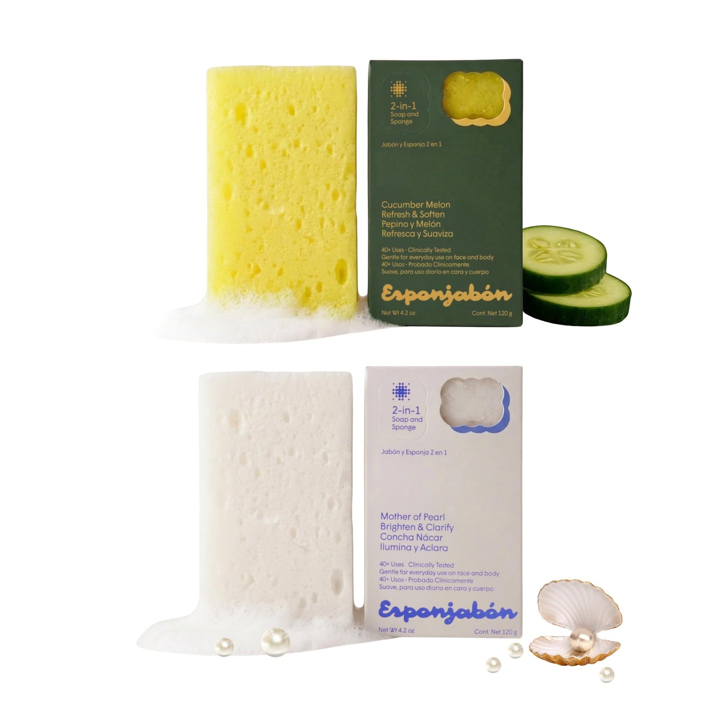 T.Taio Esponjabon Mother of Pearl & Cucumber Melon Soap Sponges — Shower Scrubbers that Remove Oil & Dirt — Sponges to Scrub Foot, Elbow, & Face — Bathroom Accessories — Fresh Scent (2-Pack)