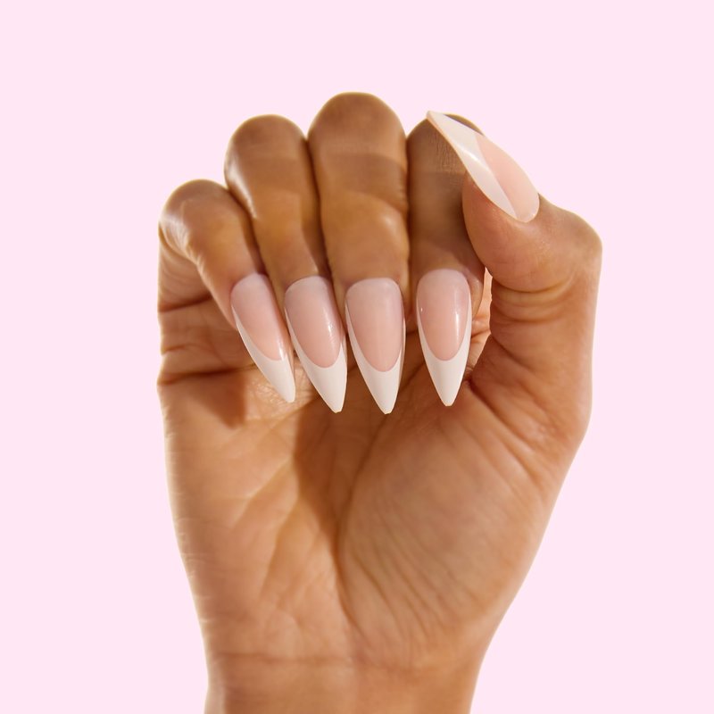 PaintLab Press On Nails - French Tip Stiletto Fake Nails, 30 Nails in 15 Sizes with Glue, Reusable Salon Quality Press On Nails