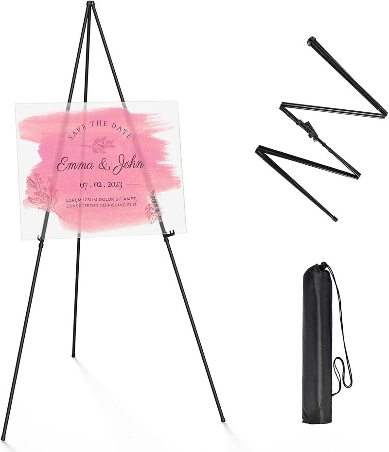 Display Easel Stand - 63” Collapsible Tripod for Weddings | Sturdy Metal Adjustable Floor Easel - Black