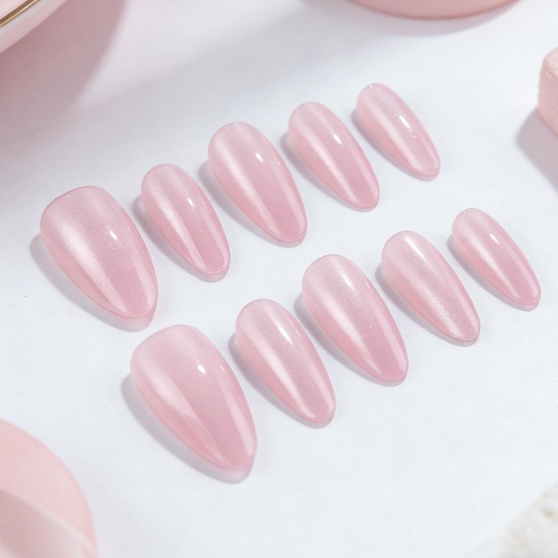 30Pcs Pink Press on Nails Glitter Fake Nails Medium Almond False Nail Reusable Glossy Full Cover Stick on Nail for Women Manicure