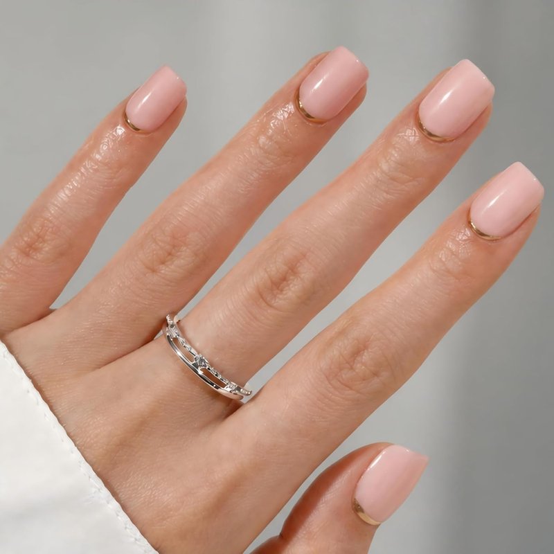 Press On Nails - Golden Standard | Nail Artist Designed Short Squoval Milky Pink Fake Nails with Minimalist Gold French Edge, Glossy Finish, Salon Quality | 15 Sizes - 30 Nail Kit with Glue