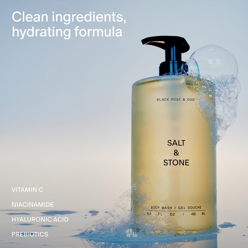 Salt & Stone Body Wash with Antioxidants for Deep Moisture | For Women & Men, Sulfate, Paraben, & Dye Free, Leaving Skin Soft and Hydrated | Black Rose & Oud 15.2 fl oz
