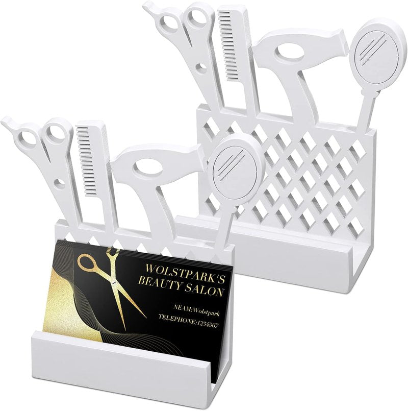 Lincia Wooden Hair Stylist Business Card Holder - 2 Pcs Display Stand for Salon & Office | White