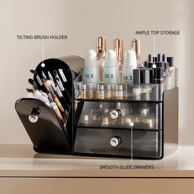 Bird&Fish Makeup Organizer with Sliding Brush Holder, Clear Skincare Organizer with Drawers, Bathroom Countertop Organizer, Sturdy Cosmetic Storage Case for Vanity, Dresser (Black)