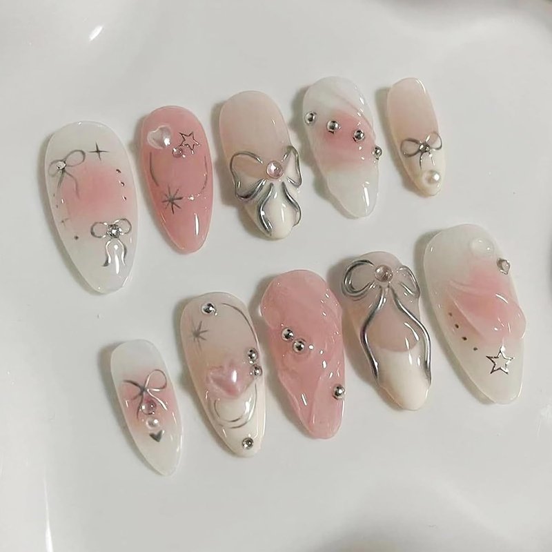 Press On Nails - Medium Almond Gradient Pink & White with Silver Bow | 24 Reusable 3D Rhinestone French Tip Nails for Women