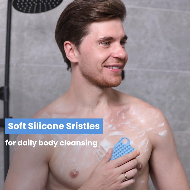 iTokGok Silicone Body Scrubber Silver-Infused Dual-Sided 3-in-1 for Shower, Body Cleaning+Massage+Exfoliator Body Brush Buffer for Men and Women, Silicone Loofah, Non-Slip Handle (Sky Blue)