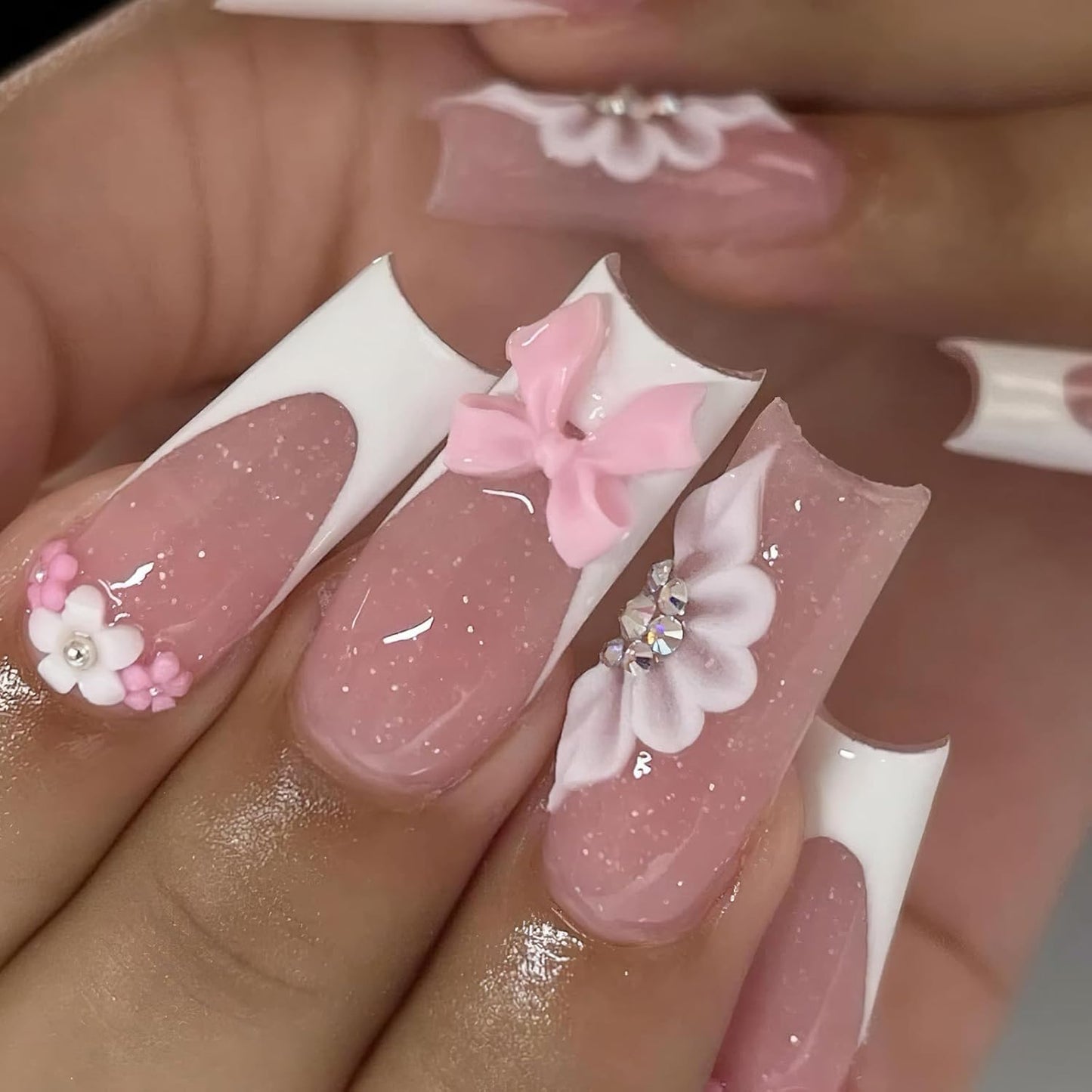 White French Tip Press-On Nails - Long Square Design with 3D Flowers & Rhinestones | Reusable Nude Pink Full Cover, 24 Pcs
