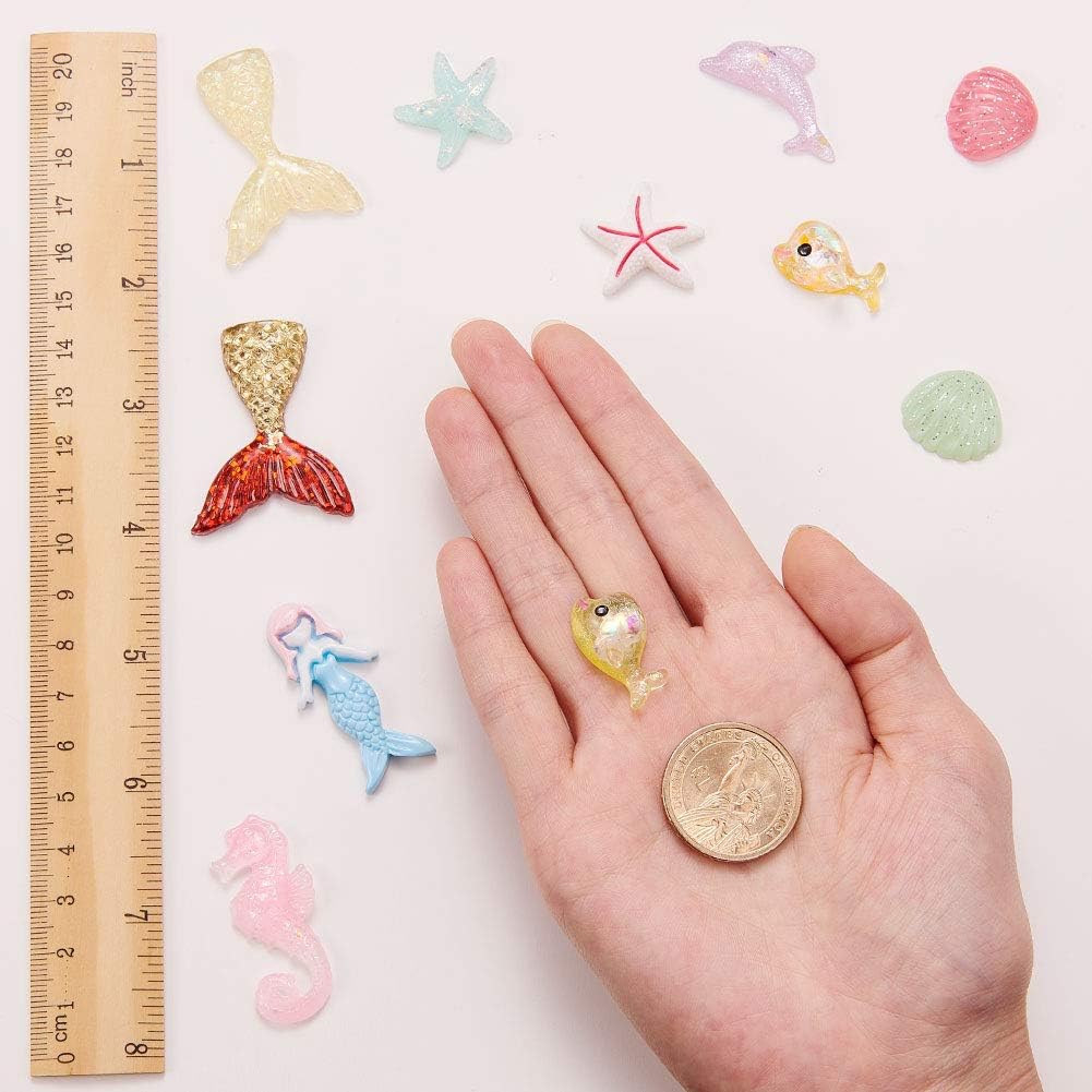 SUNNYCLUE Ocean Theme Resin Cabochon Charms - 100Pcs Mixed Mermaid Tail, Starfish & Dolphin Beads for DIY Jewelry Making