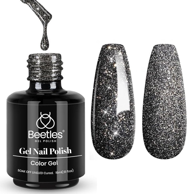 Beetles Black Gel Nail Polish - 15ML Glitter Reflective Shimmer for Stunning DIY Nail Art