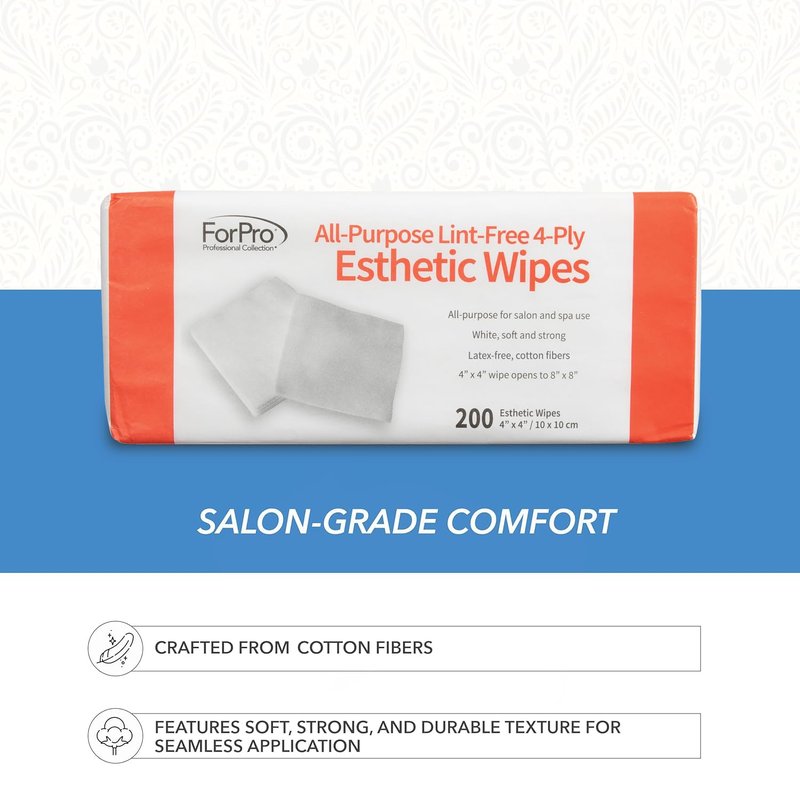 ForPro Professional Collection All-Purpose Lint-Free 4-Ply Esthetic Wipes, Non-Woven, For Salon and Spa Use, Soft, Strong and Durable, Latex-Free, 4" x 4", 200-Count