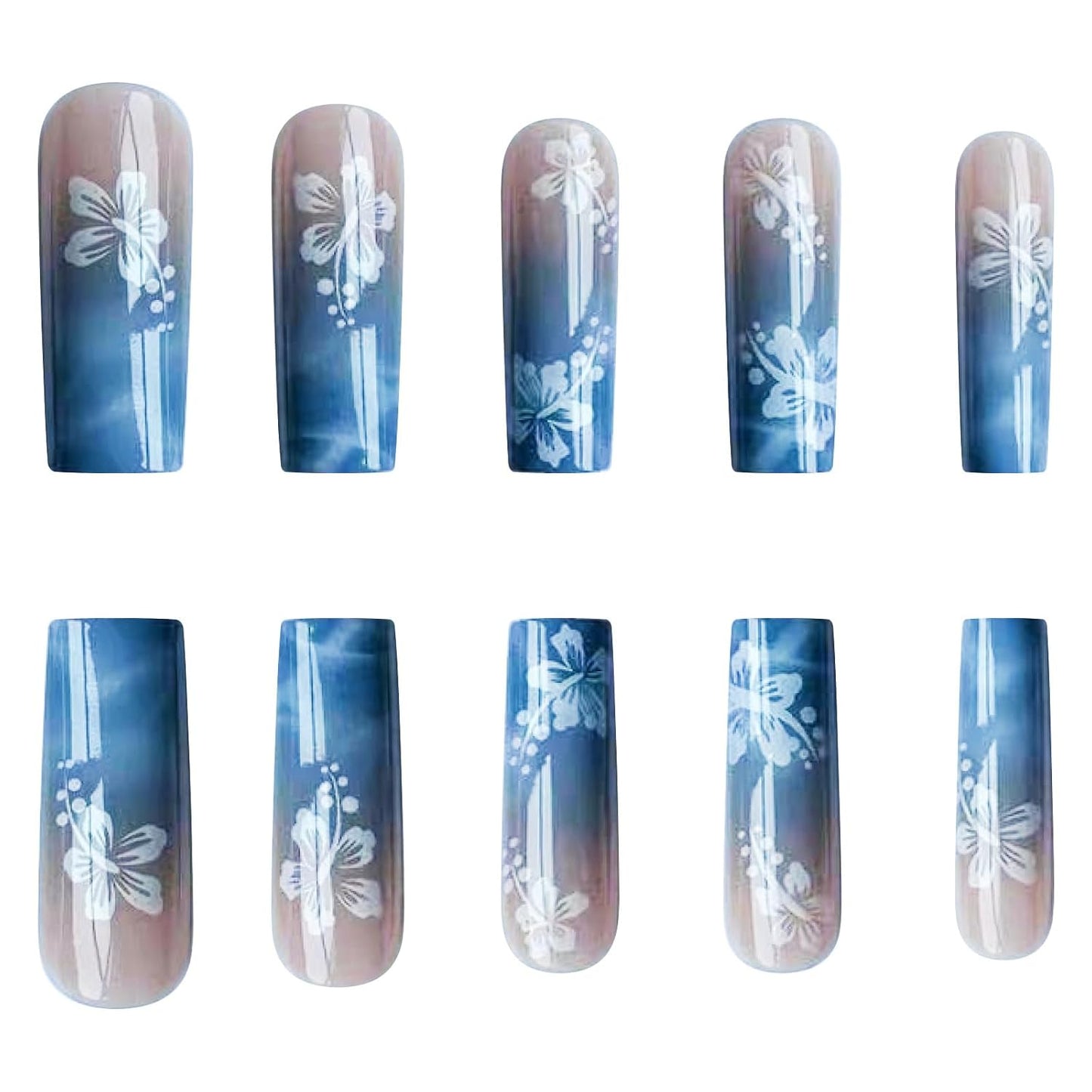 Square Press On Nails - Long Flower Gradient Design | Blue Full Cover Acrylic False Nails, 24pcs