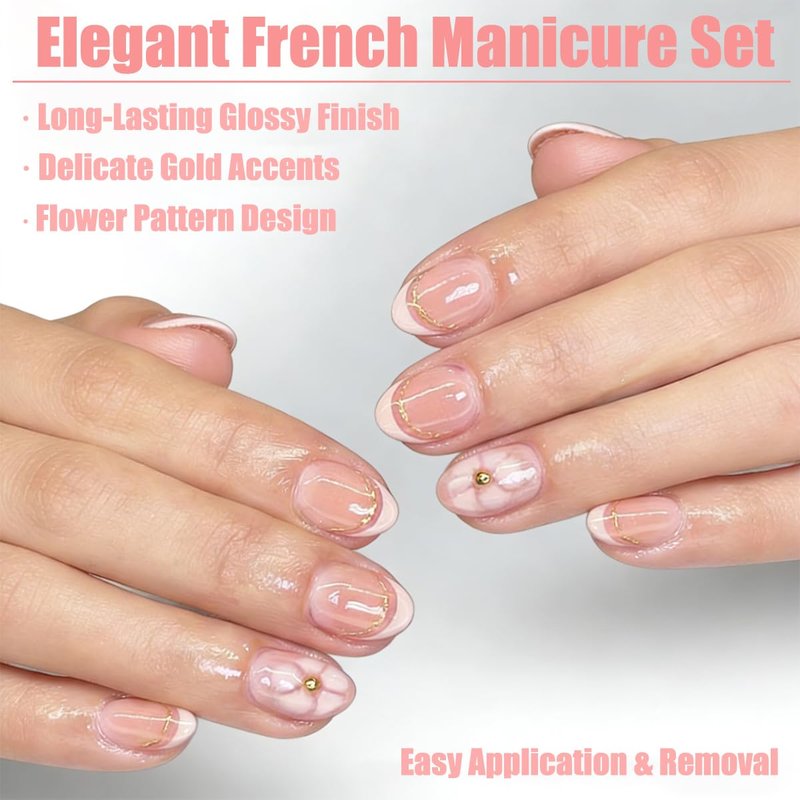 Nude Pink Press on Nails Short Almond Fake Nails with 3D Flower & Gold Line Accents Glossy French Tip False Nails for Daily Wear, Wedding & Date Night, Reusable 24Pcs Nail Kit for Women
