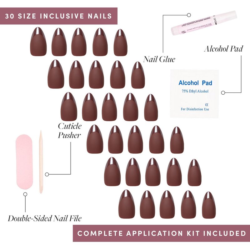 Glamnetic Press On Nails - Terra Short Almond Dark Brown Fake Nails | Glossy French Tips, Salon Quality, 30 Nail Kit with Glue