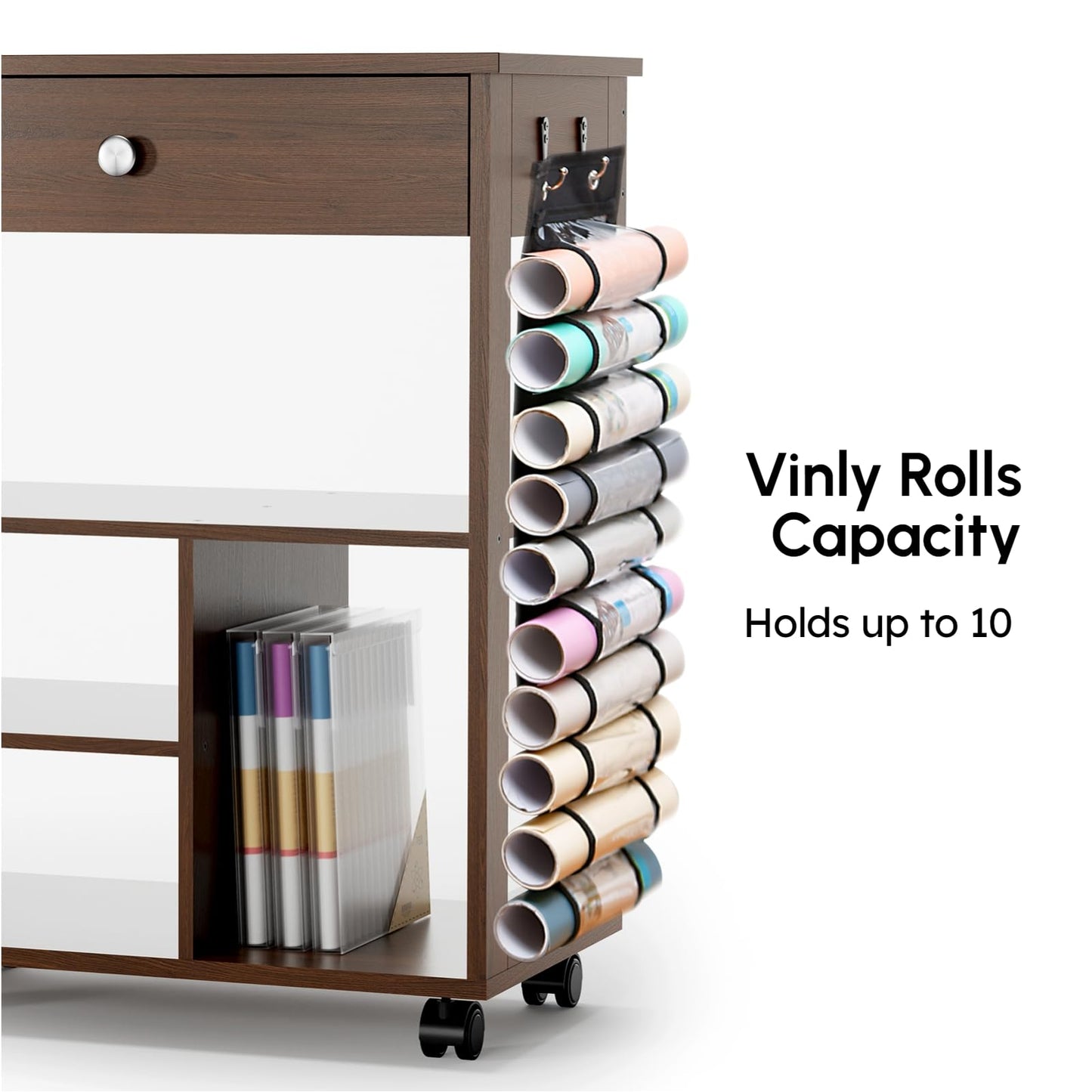 Yumkfoi Organizers and Storage Compatible with Cricut Machines, Rolling Craft Storage Cart with 10 Vinyl Roll Holders, Crafting Table Organization Workstation Desk Cabinet for Craft Room Home