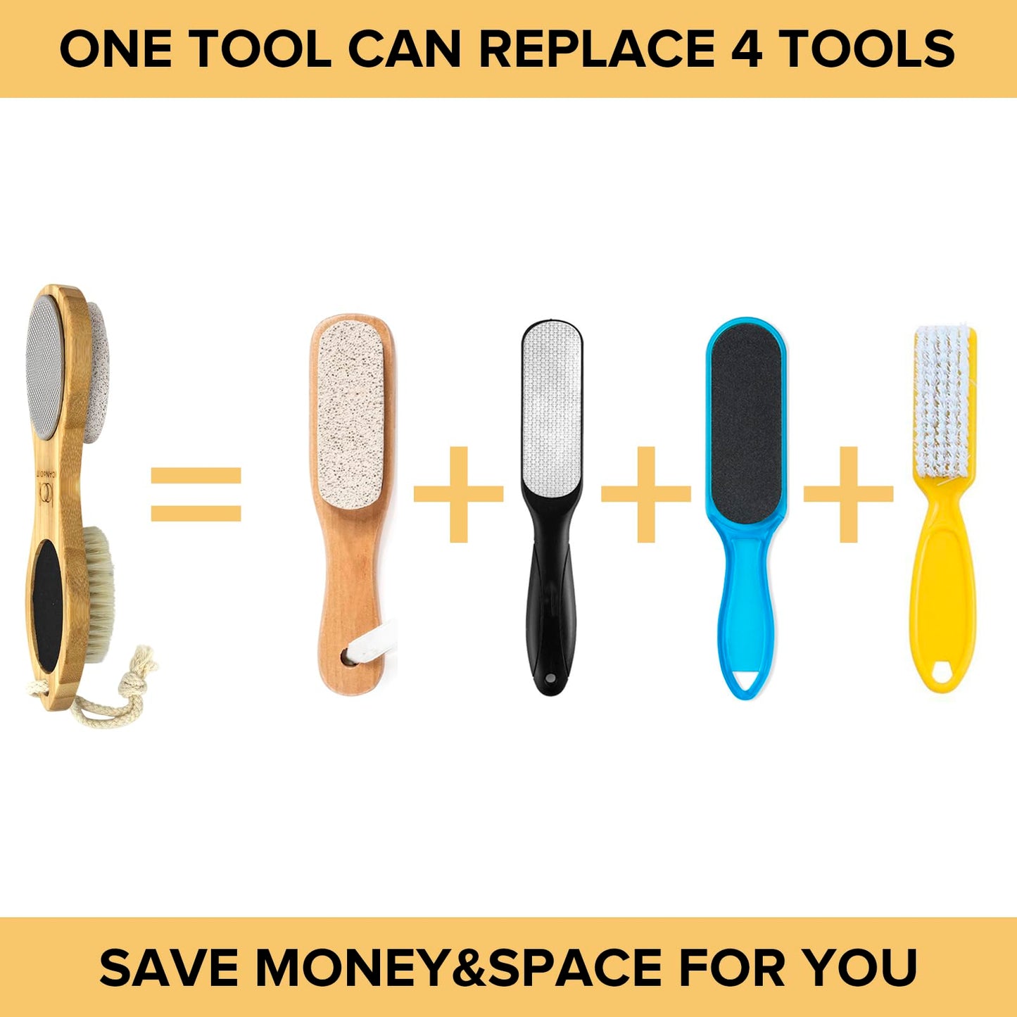 ICDI ICANdOIT Natural Bamboo Foot File Callus Remover-Multi Purpose 4 in 1 Feet Pedicure Kit with Foot Care Boar Bristle Brush,Pumice Stone,Foot Rasp,Sand Paper