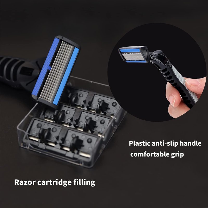 6-Blade Razor,Plastic Anti-slip Men Manual Refill Cartridges razors, Reusable Face Cleansing Care Tool, 18 pcs refill cartridges, Shave Supplies for Men and Women - Black