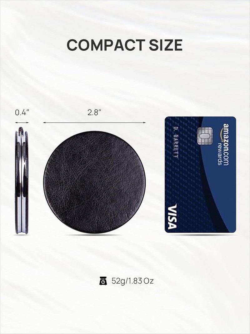 OMIRO 1X/10X Magnifying Compact Mirror - Ultra-Portable Round Black PU Leather for Travel & Purses