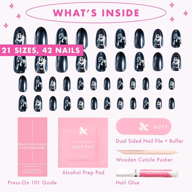 Olive & June Instant Mani Press-On Nails (Glue) | Star Wars: The Mandalorian & Grogu | 42 Fake Nails, 21 Sizes | Non-Toxic, Long-Lasting Up to 14 Days | Medium, Oval | The Mandalorian Creed