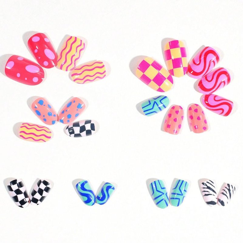 Dopamine Colorful Press on Nails Short CEWEWP Almond Fake Nails with Checkered Striped Design Cute Geometric Irregularity Acrylic Stick on Nails Summer Glossy Full Cover Glue on Nails for Women 24Pcs