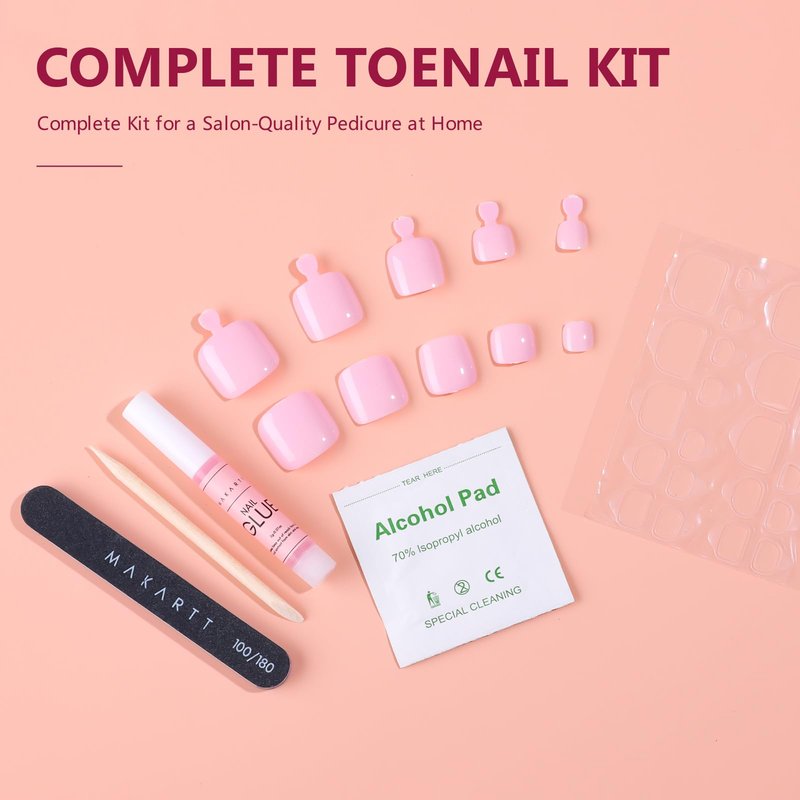 Makartt Press on Nails: Short Glossy Pink Toenail Kit with Glue, 24PCS Natural Fit for Women, Includes Adhesive Tabs, Stick, and File, Pedicure Set for Home Salon