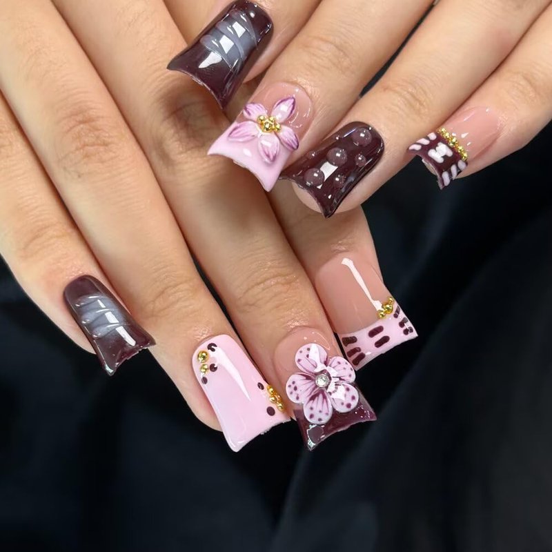 Press On Nails - Handmade French Purple Duckbill Fake Nails - 10 Pcs Reusable 3D Acrylic Nail Kit | Size M